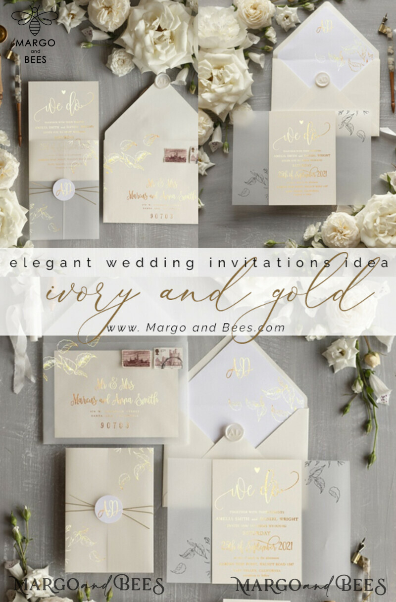 Elegant wedding invitation Suite, Ivory  Gold Wedding Cards, gold Leaves Romantic Wedding Invites, Leaf vellum Wrapping -1