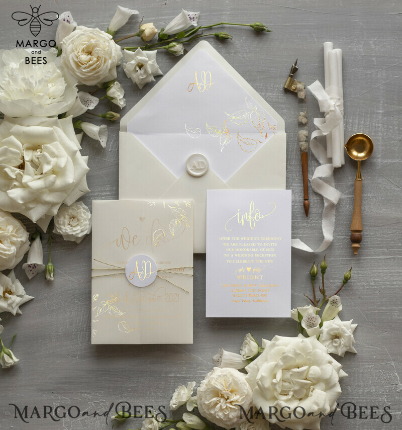 Elegant wedding invitation Suite, Ivory  Gold Wedding Cards, gold Leaves Romantic Wedding Invites, Leaf vellum Wrapping -2