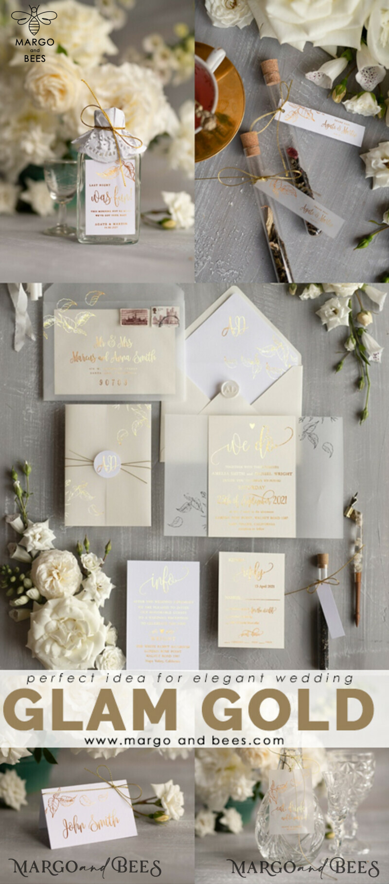 Glamour and Elegance: Champagne Shimmer and Ivory Wedding Invitations with a Bespoke Touch of White Vellum and Golden Shine-3