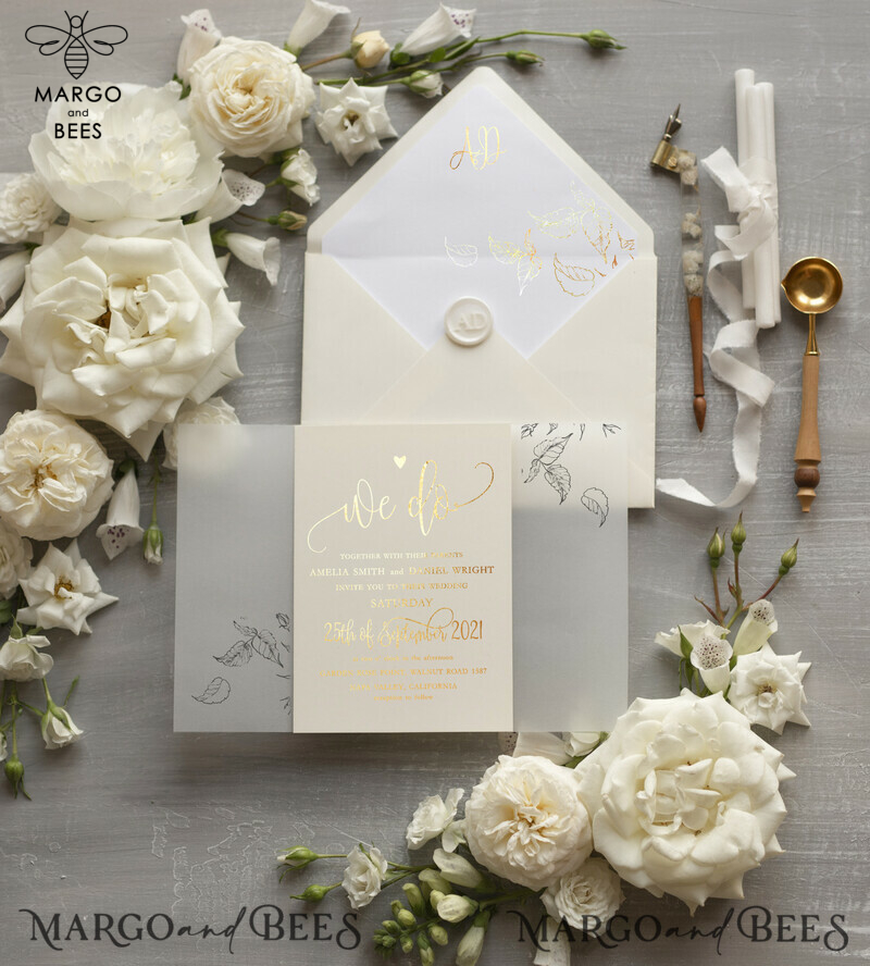Elegant wedding invitation Suite, Ivory  Gold Wedding Cards, gold Leaves Romantic Wedding Invites, Leaf vellum Wrapping -4