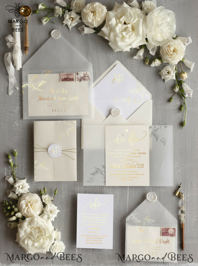 Glamour and Elegance: Champagne Shimmer and Ivory Wedding Invitations with a Bespoke Touch of White Vellum and Golden Shine-5