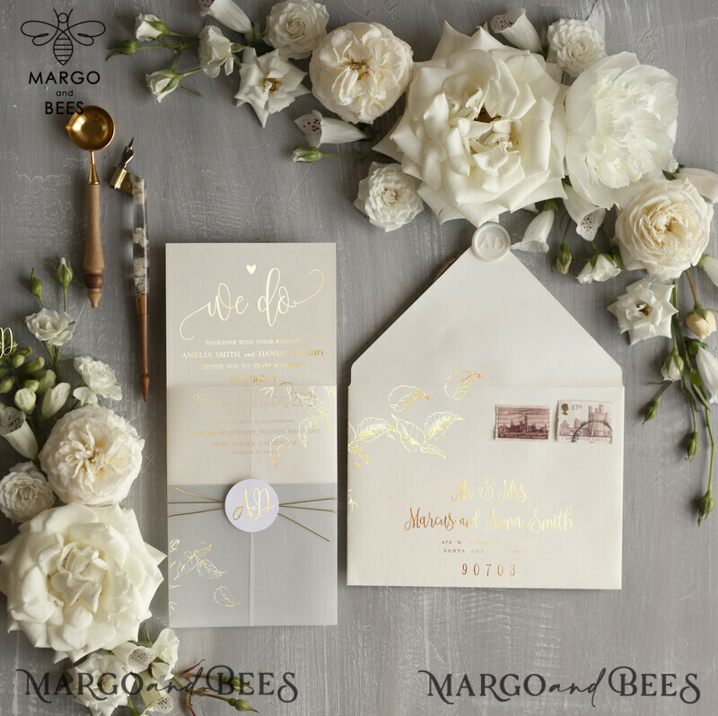 Glamour and Elegance: Champagne Shimmer and Ivory Wedding Invitations with a Bespoke Touch of White Vellum and Golden Shine-6