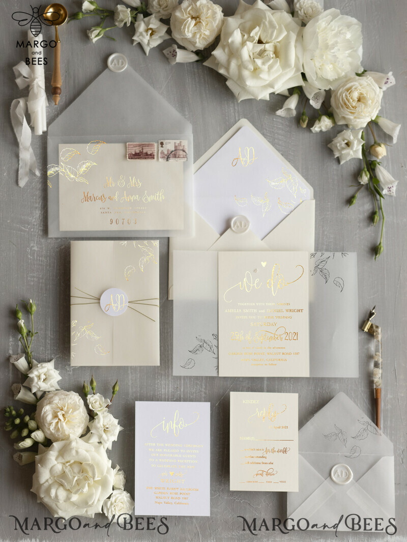 Glamour and Elegance: Champagne Shimmer and Ivory Wedding Invitations with a Bespoke Touch of White Vellum and Golden Shine-7