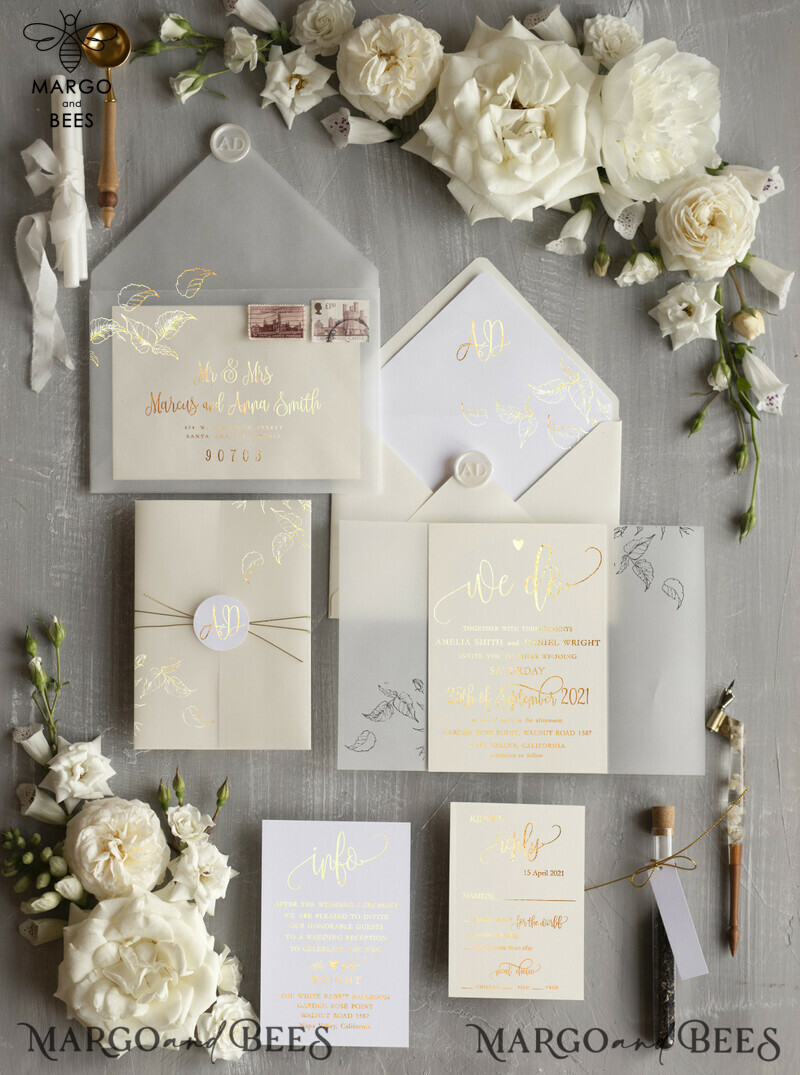 Elegant wedding invitation Suite, Ivory  Gold Wedding Cards, gold Leaves Romantic Wedding Invites, Leaf vellum Wrapping -0