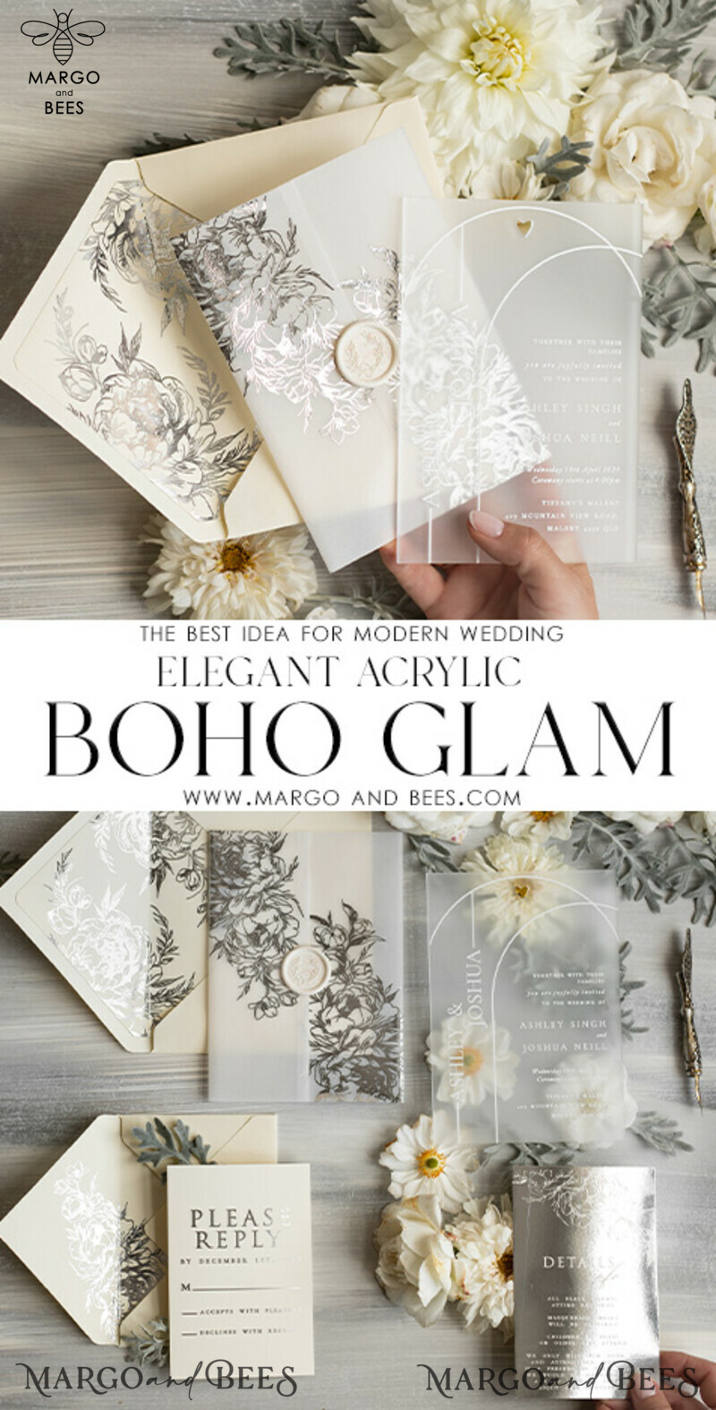 Elegant Vellum Acrylic Wedding Invitation Suite with Boho Glam and Silver Frozen Design-7