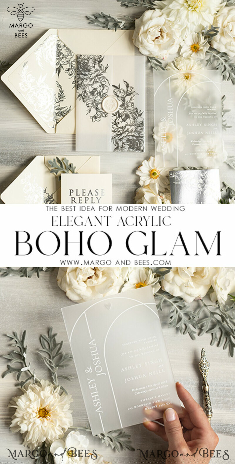 Elegant Vellum Acrylic Wedding Invitation Suite with Boho Glam and Silver Frozen Design-4