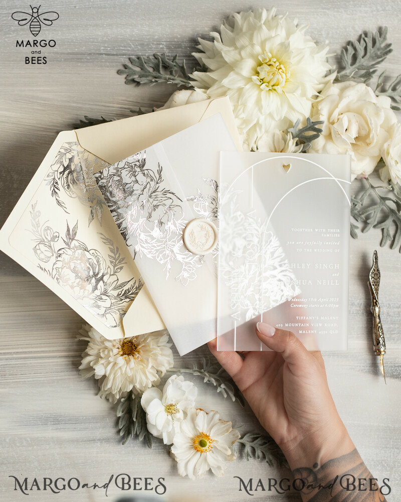 Elegant Vellum Acrylic Wedding Invitation Suite with Boho Glam and Silver Frozen Design-3
