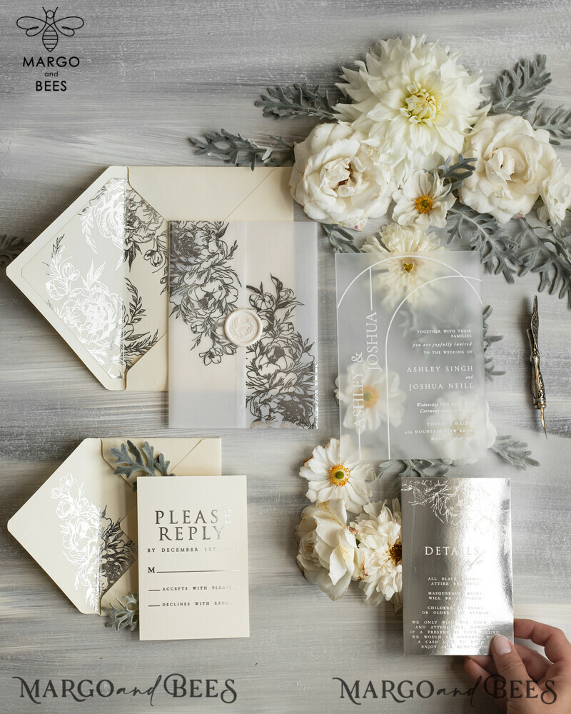 Elegant Vellum Acrylic Wedding Invitation Suite with Boho Glam and Silver Frozen Design-5