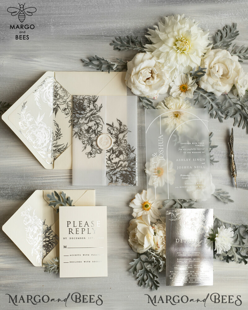 Elegant Vellum Acrylic Wedding Invitation Suite with Boho Glam and Silver Frozen Design-0