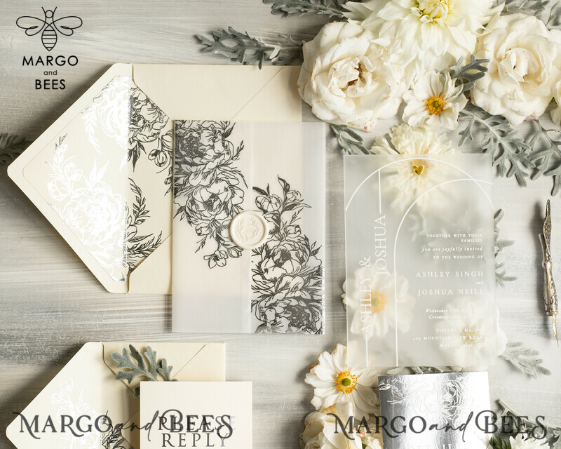 Elegant Vellum Acrylic Wedding Invitation Suite with Boho Glam and Silver Frozen Design-6