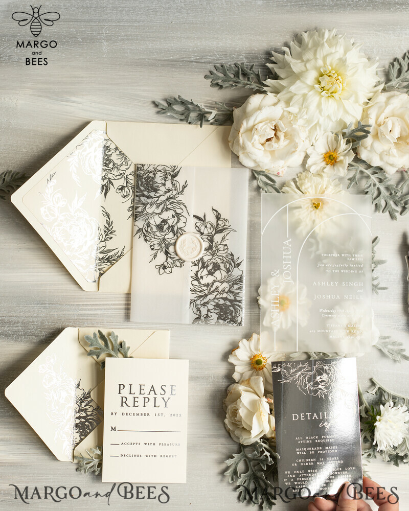 Elegant Vellum Acrylic Wedding Invitation Suite with Boho Glam and Silver Frozen Design-8