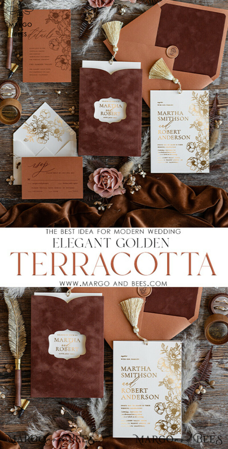 Elegant Terracotta Velvet Wedding Invitations with Luxurious Gold Foil and Gold Tassel Details-3