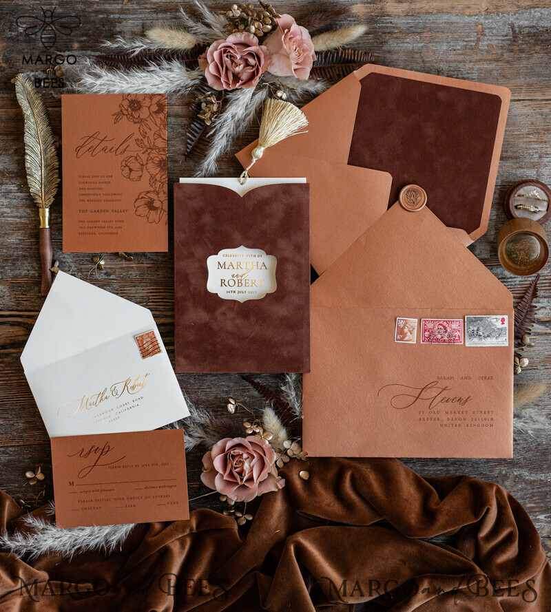 Elegant Terracotta Velvet Wedding Invitations with Luxurious Gold Foil and Gold Tassel Details-5