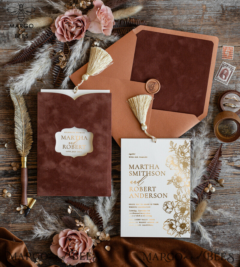 Elegant Terracotta Velvet Wedding Invitations with Luxurious Gold Foil and Gold Tassel Details-4