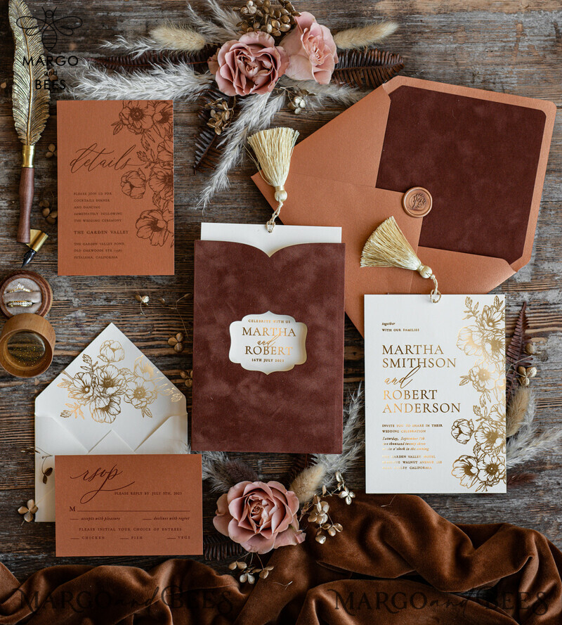 Elegant Terracotta Velvet Wedding Invitations with Luxurious Gold Foil and Gold Tassel Details-0