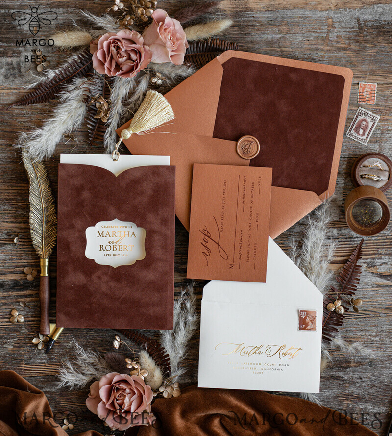 Elegant Terracotta Velvet Wedding Invitations with Luxurious Gold Foil and Gold Tassel Details-7