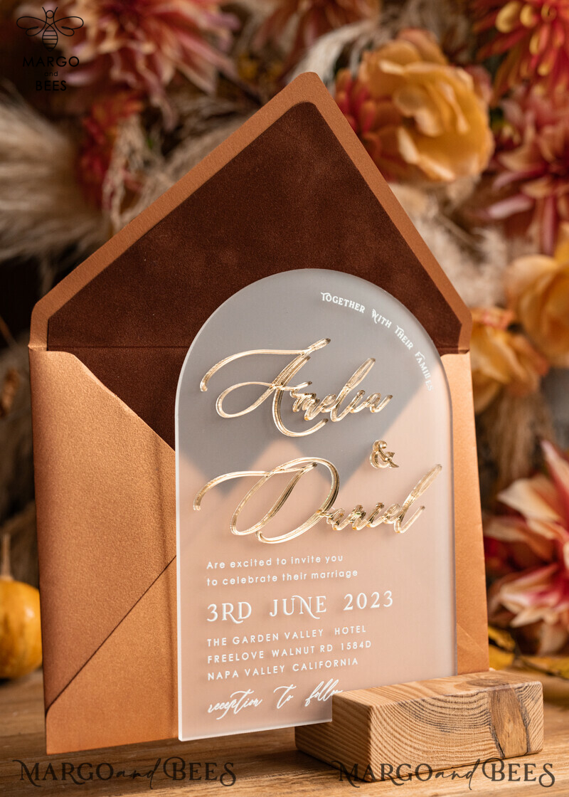 Elegant Fall Terracotta Modern Arch 3D Wedding Invitation Suite with Bespoke Frozen Acrylic Gold Touches
Luxury Velvet Wedding Invitations with Frosted Plexi Glass and Golden Names
Glamour Wedding Invitation Suite featuring 3D Gold Mirror and Fall Copper Invites
Exquisite Wedding Cards: A Perfect Blend of Style and Sophistication-2