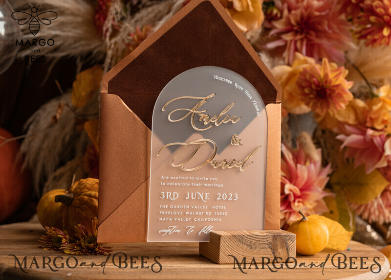 Elegant Fall Terracotta Modern Arch 3D Wedding Invitation Suite with Bespoke Frozen Acrylic Gold Touches
Luxury Velvet Wedding Invitations with Frosted Plexi Glass and Golden Names
Glamour Wedding Invitation Suite featuring 3D Gold Mirror and Fall Copper Invites
Exquisite Wedding Cards: A Perfect Blend of Style and Sophistication-8