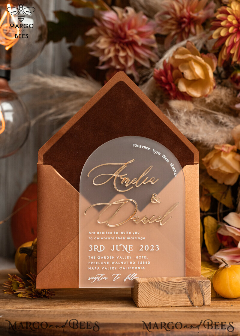 Elegant Fall Terracotta Modern Arch 3D Wedding Invitation Suite with Bespoke Frozen Acrylic Gold Touches
Luxury Velvet Wedding Invitations with Frosted Plexi Glass and Golden Names
Glamour Wedding Invitation Suite featuring 3D Gold Mirror and Fall Copper Invites
Exquisite Wedding Cards: A Perfect Blend of Style and Sophistication-11