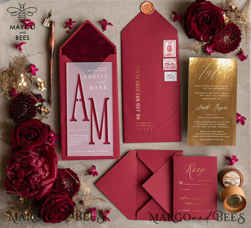 Burgundy Wedding invitations cards, Gold Acrylic Glamour Wedding Invitation Suite  Maroon Golden Shine Wedding Stationery Frozen Plexi Luxury Wedding Invites-1