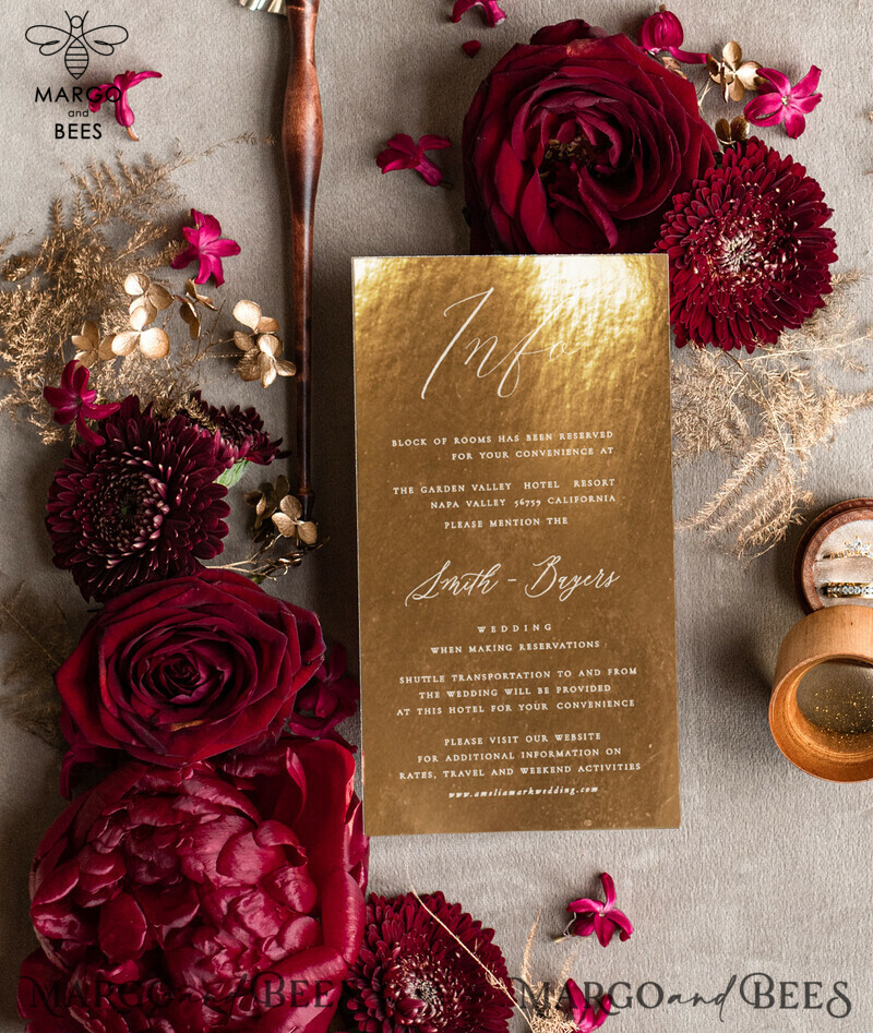 Burgundy Wedding invitations cards, Gold Acrylic Glamour Wedding Invitation Suite  Maroon Golden Shine Wedding Stationery Frozen Plexi Luxury Wedding Invites-5