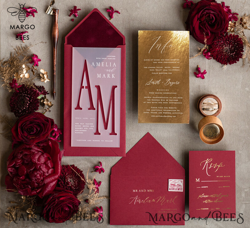 Burgundy Wedding invitations cards, Gold Acrylic Glamour Wedding Invitation Suite  Maroon Golden Shine Wedding Stationery Frozen Plexi Luxury Wedding Invites-0