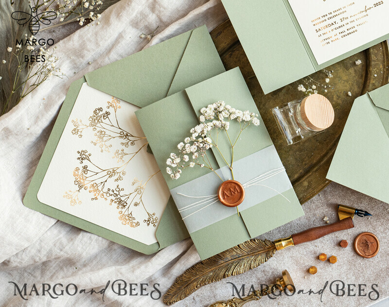 Elegant Gold Wedding Invitation Set: Natural Baby Breath Flower Suite-9