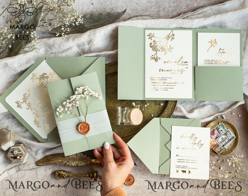 Elegant Gold Wedding Invitation Set: Natural Baby Breath Flower Suite-0