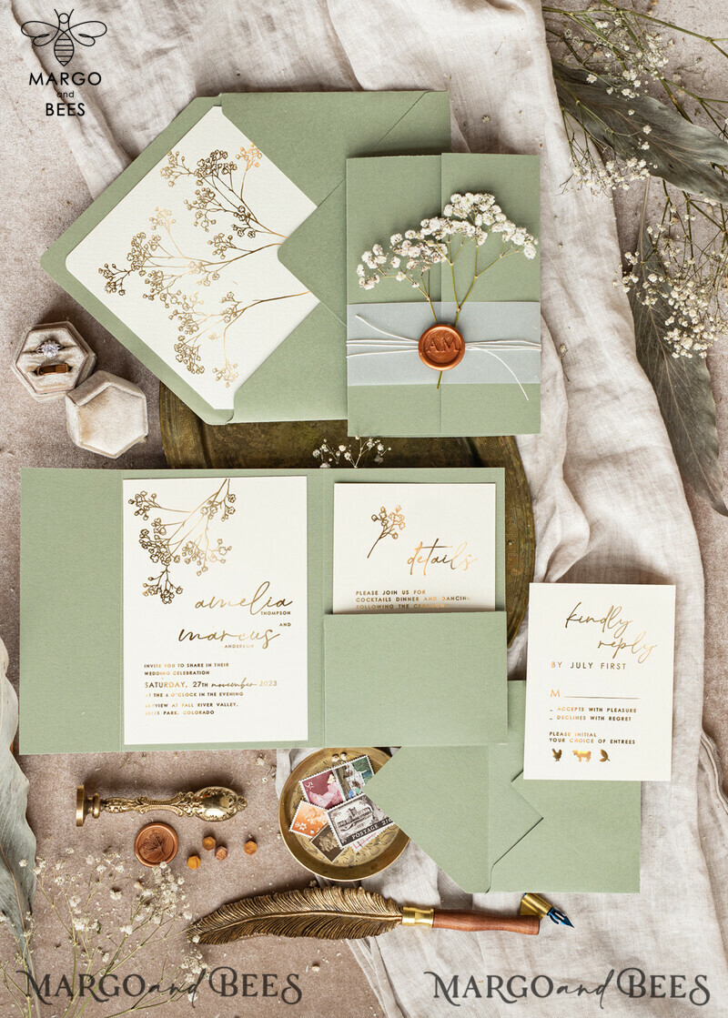 Elegant Gold Wedding Invitation Set: Natural Baby Breath Flower Suite-5