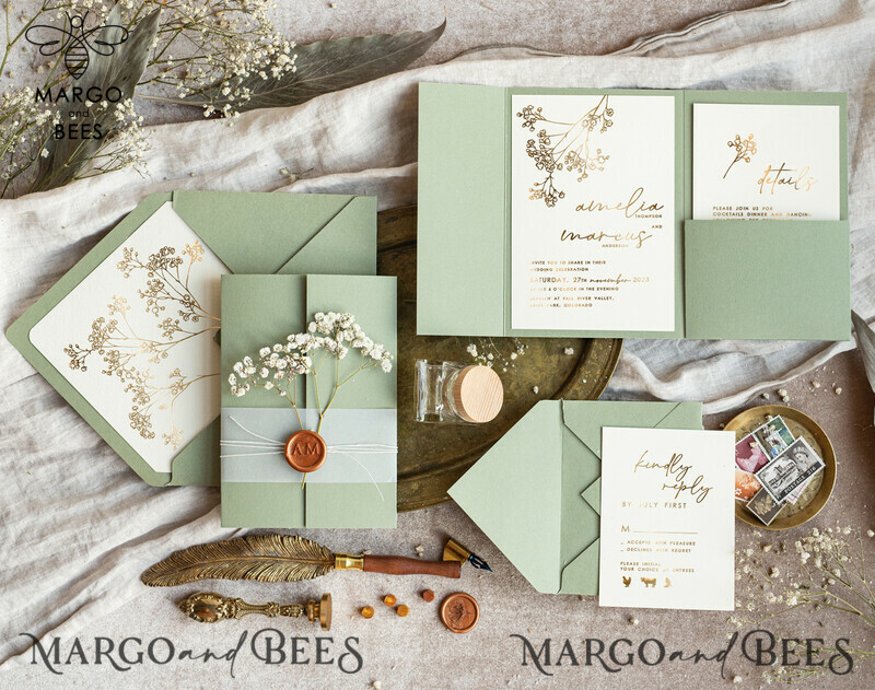 Elegant Gold Wedding Invitation Set: Natural Baby Breath Flower Suite-8