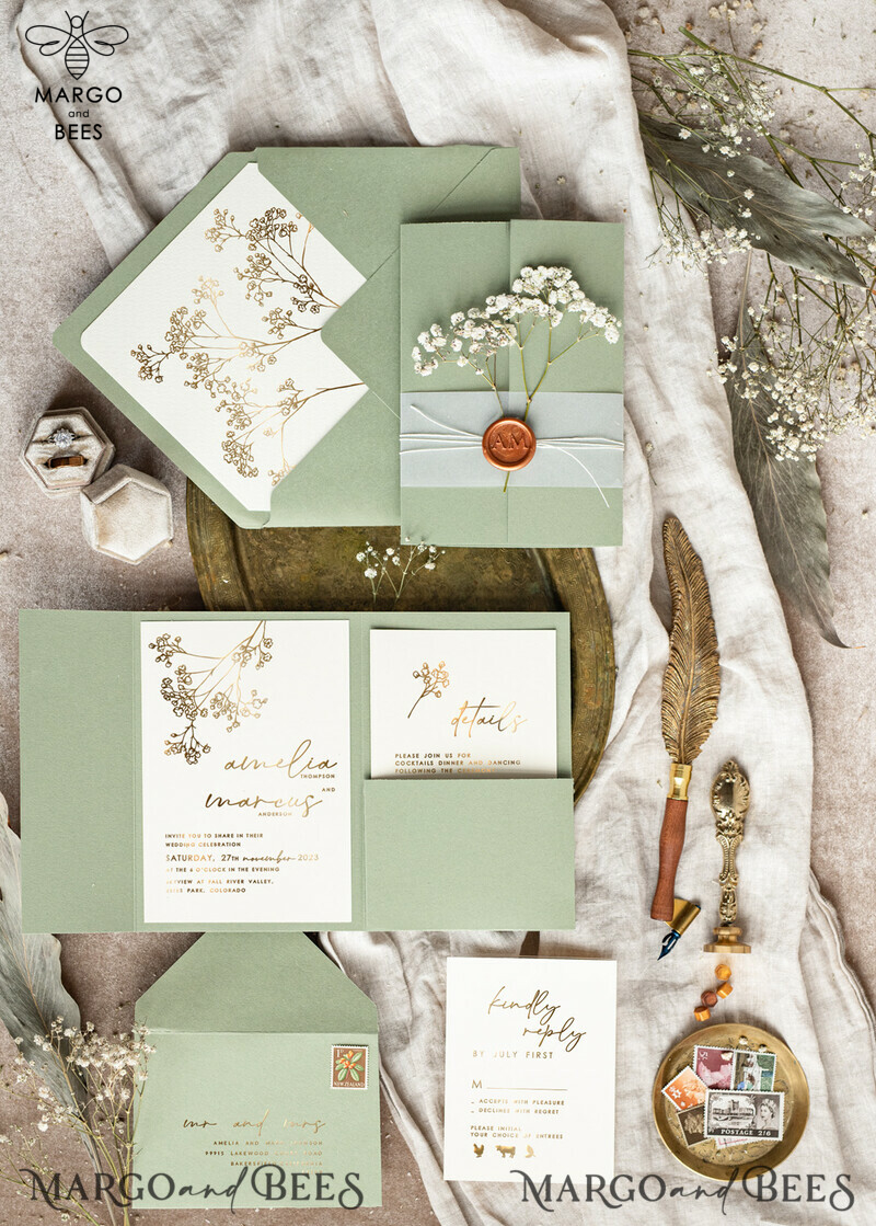 Elegant Gold Wedding Invitation Set: Natural Baby Breath Flower Suite-6