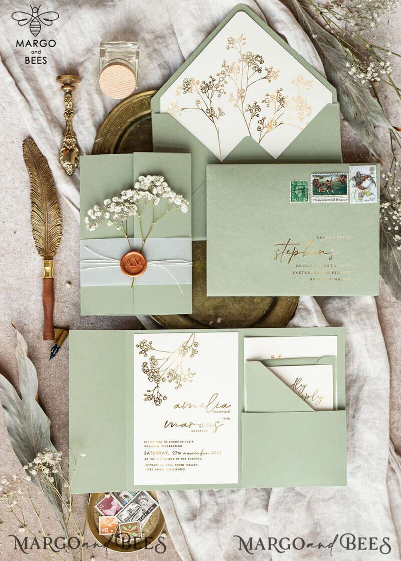 Elegant Gold Wedding Invitation Set: Natural Baby Breath Flower Suite-13
