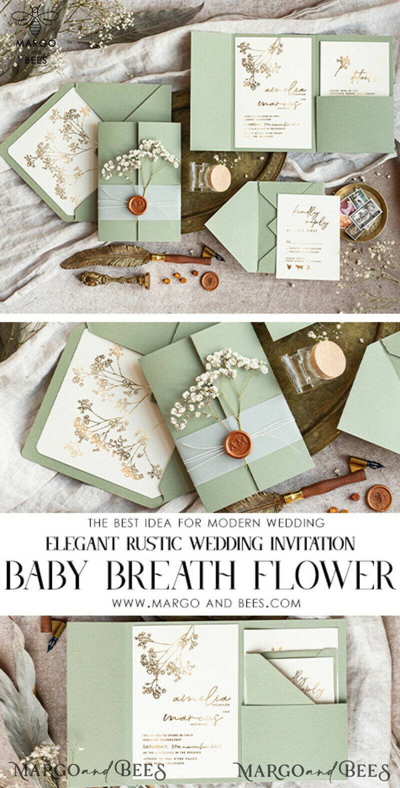 Elegant Gold Wedding Invitation Set: Natural Baby Breath Flower Suite-7