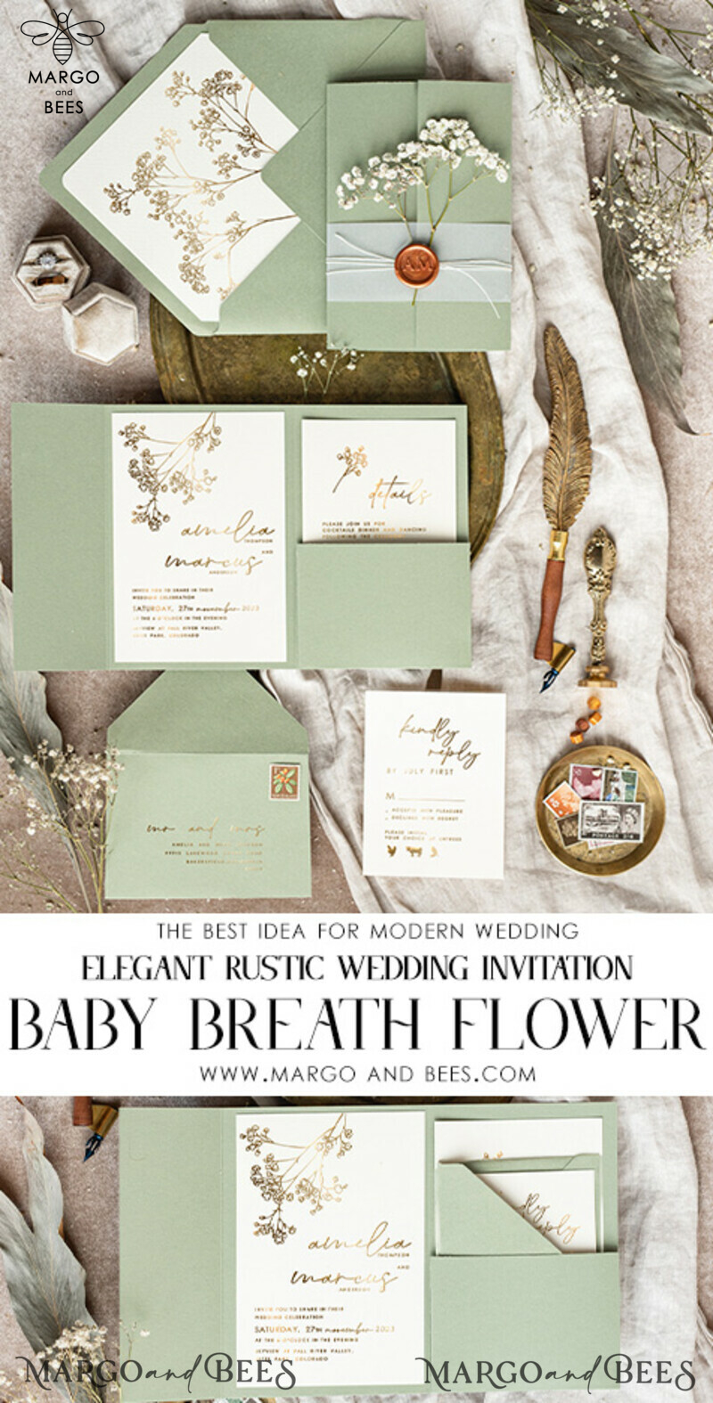 Elegant Gold Wedding Invitation Set: Natural Baby Breath Flower Suite-2
