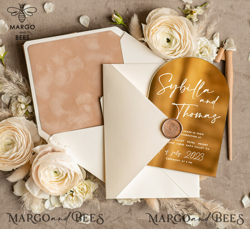 Arch Gold Acrylic wedding invitation suite, Velvet Pocket beige Wedding Invites, Glamour Wedding Invitations-3