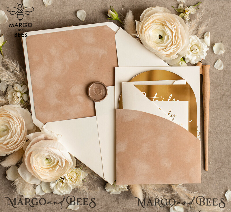 Arch Gold Acrylic wedding invitation suite, Velvet Pocket beige Wedding Invites, Glamour Wedding Invitations-7