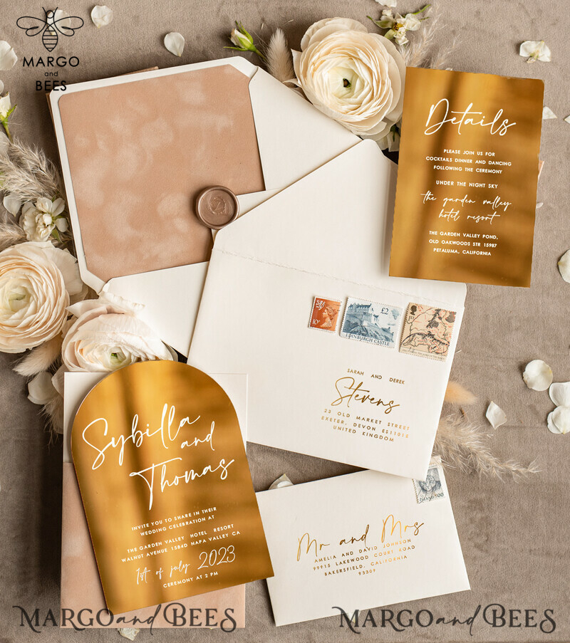 Arch Gold Acrylic wedding invitation suite, Velvet Pocket beige Wedding Invites, Glamour Wedding Invitations-5