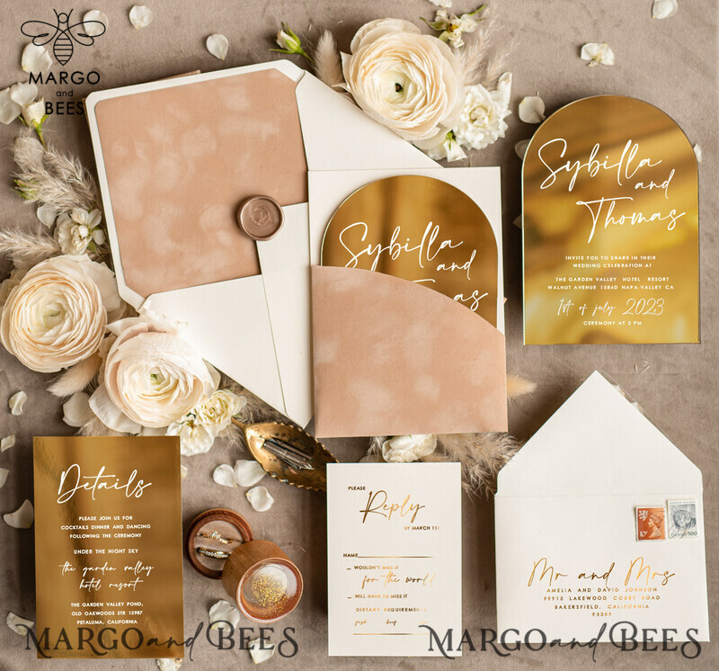 Arch Gold Acrylic wedding invitation suite, Velvet Pocket beige Wedding Invites, Glamour Wedding Invitations-0