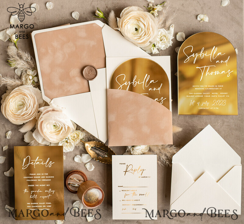 Arch Gold Acrylic wedding invitation suite, Velvet Pocket beige Wedding Invites, Glamour Wedding Invitations-6
