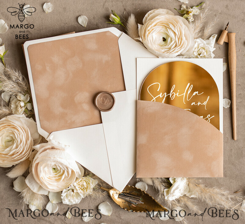 Arch Gold Acrylic wedding invitation suite, Velvet Pocket beige Wedding Invites, Glamour Wedding Invitations-1