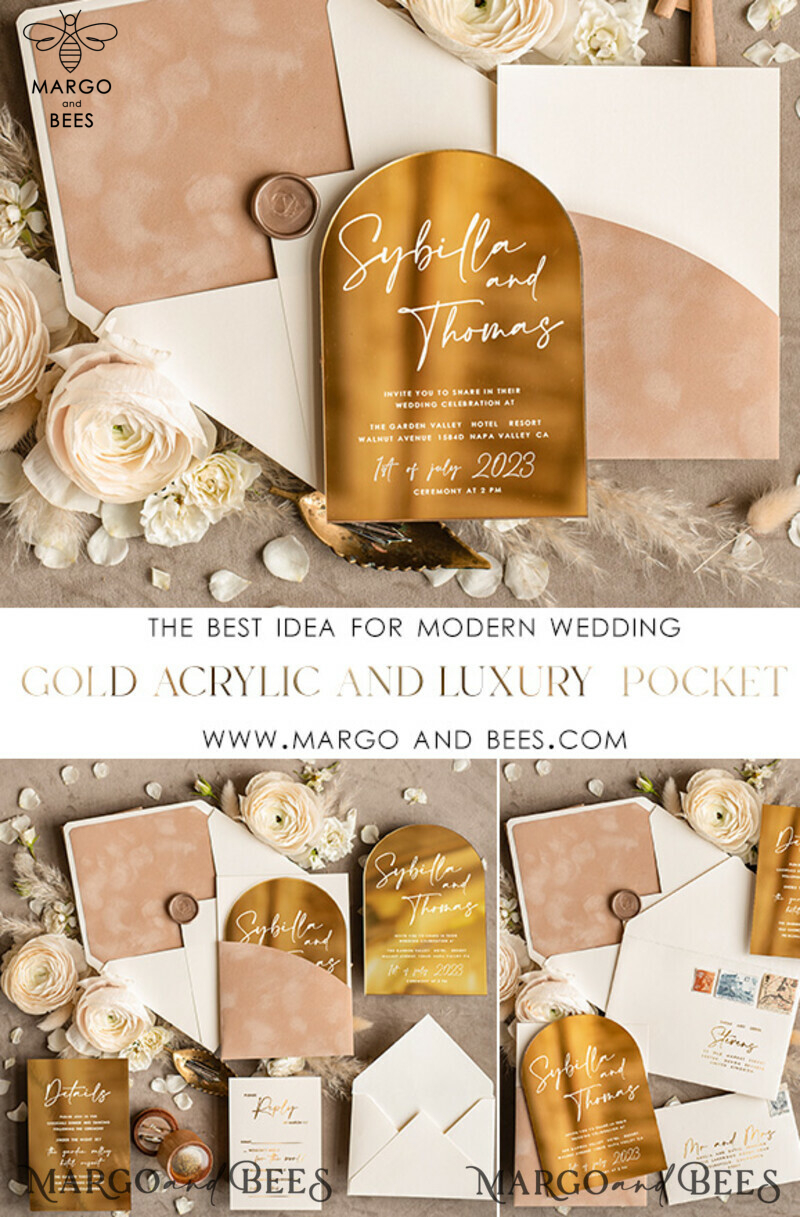 Arch Gold Acrylic wedding invitation suite, Velvet Pocket beige Wedding Invites, Glamour Wedding Invitations-4