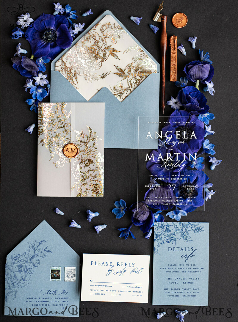 Elegant Acrylic Wedding Invitations: Glamour in Ice Blue and Gold with Golden Wax Seal- Luxury Wedding Cards in Light Blue-0