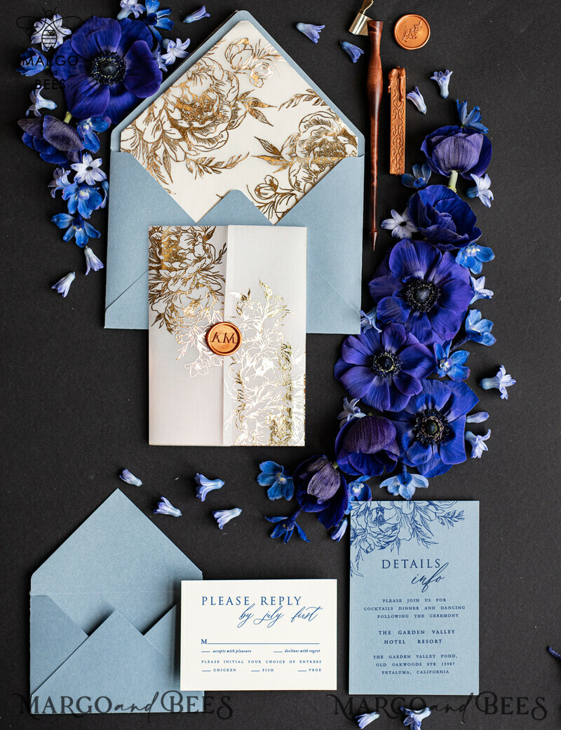 Elegant Acrylic Wedding Invitations: Glamour in Ice Blue and Gold with Golden Wax Seal- Luxury Wedding Cards in Light Blue-1