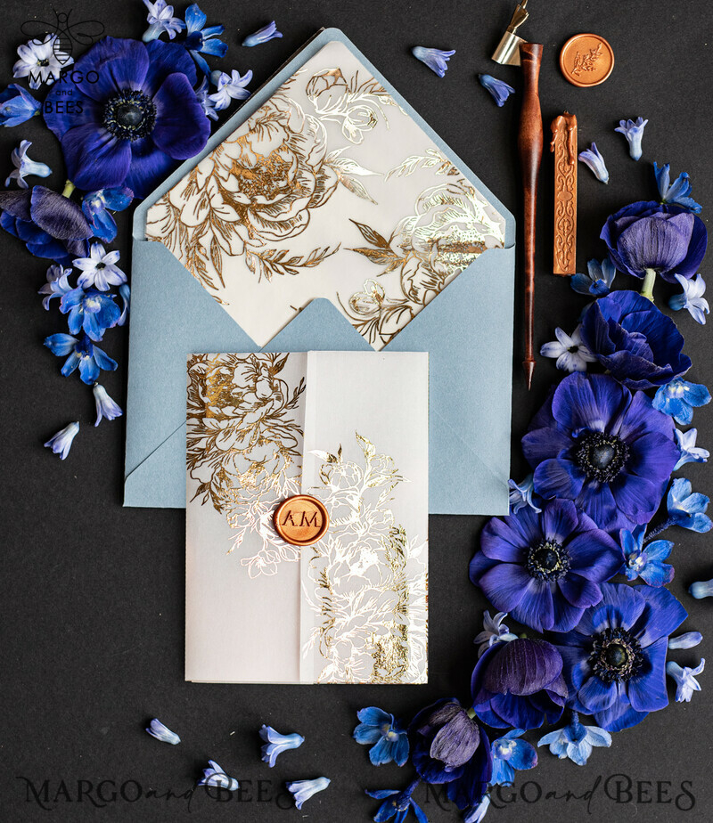 Elegant Acrylic Wedding Invitations: Glamour in Ice Blue and Gold with Golden Wax Seal- Luxury Wedding Cards in Light Blue-2