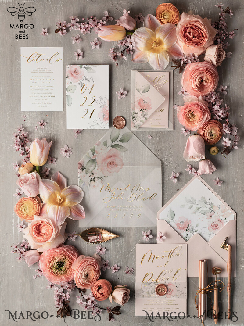 Elegant wedding invitation Suite, blush Pink  Gold Wedding Cards, Floral Romantic Wedding Invites with vellum belly band and wax seal-1
