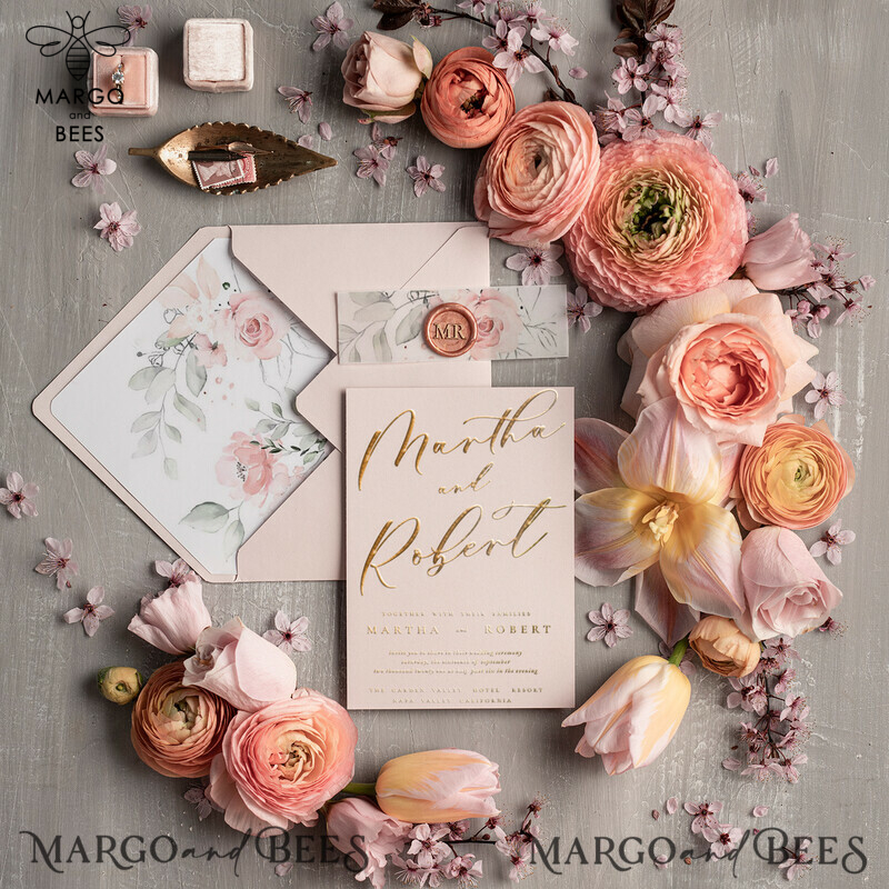 Elegant wedding invitation Suite, blush Pink  Gold Wedding Cards, Floral Romantic Wedding Invites with vellum belly band and wax seal-10