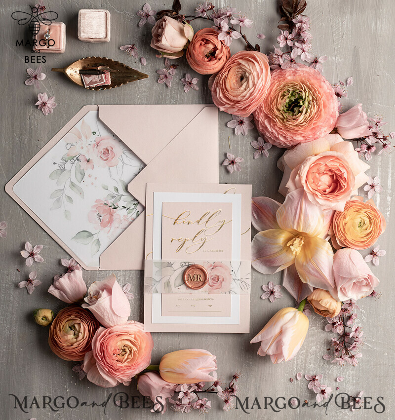 Elegant wedding invitation Suite, blush Pink  Gold Wedding Cards, Floral Romantic Wedding Invites with vellum belly band and wax seal-11