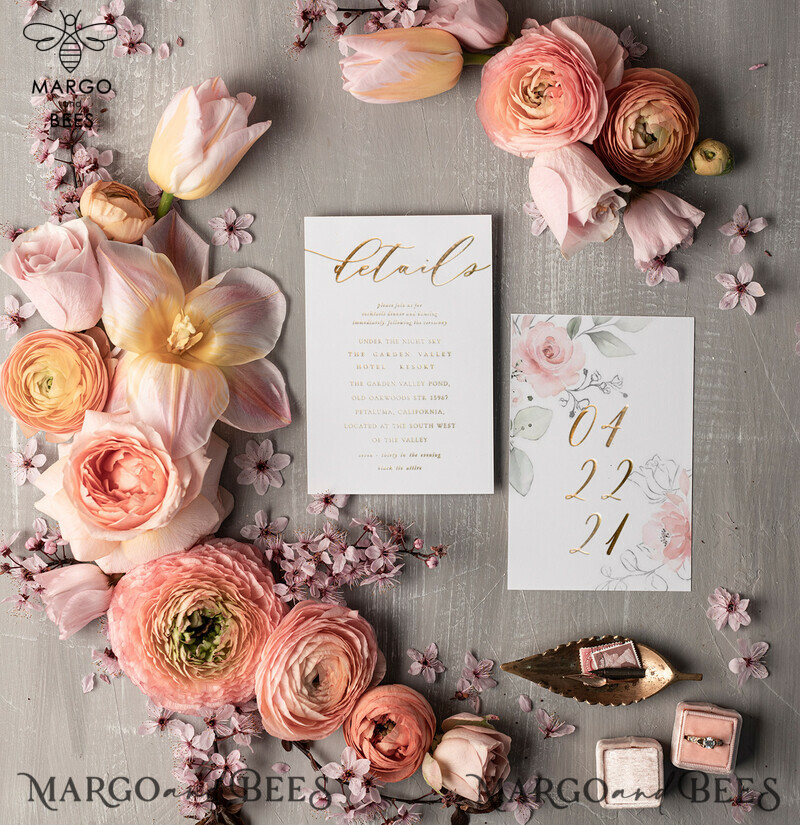 Minimalistic Floral Wedding Invitations, Romantic Blush Pink Wedding Cards, Elegant White Vellum Wedding Invites, Glamour Gold Foil Wedding Invitation Suite-12