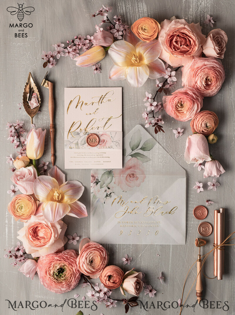 Minimalistic Floral Wedding Invitations, Romantic Blush Pink Wedding Cards, Elegant White Vellum Wedding Invites, Glamour Gold Foil Wedding Invitation Suite-2