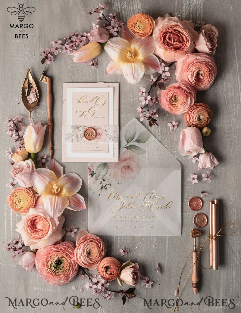 Elegant wedding invitation Suite, blush Pink  Gold Wedding Cards, Floral Romantic Wedding Invites with vellum belly band and wax seal-3